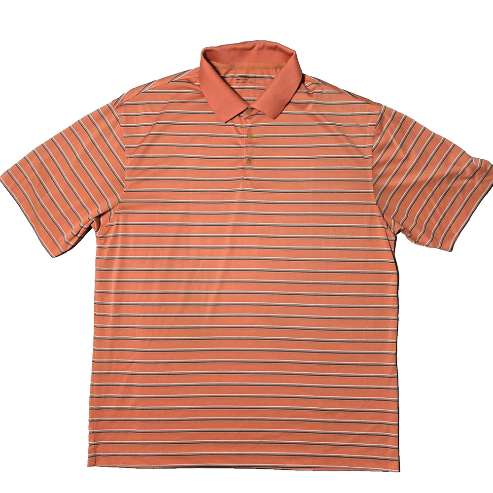 Nike Golf Shirt Mens XL Orange Striped Short Sleeve Fit Dry Polo Performance